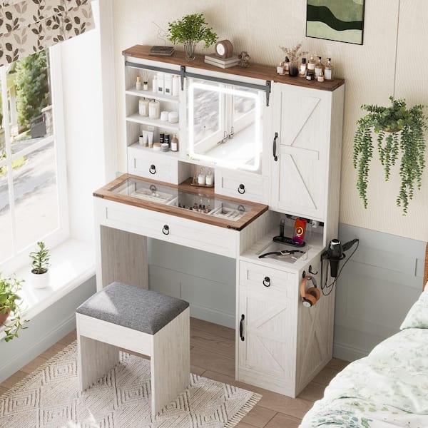 vanity dresser with mirror Nestfair White 4 Drawer 42.52 in. Mirror, Lights, Charging Station, 2-Cabinets and Stool Led side hooks Color:Red/Green Topshop denim zip up SD-08.27.25