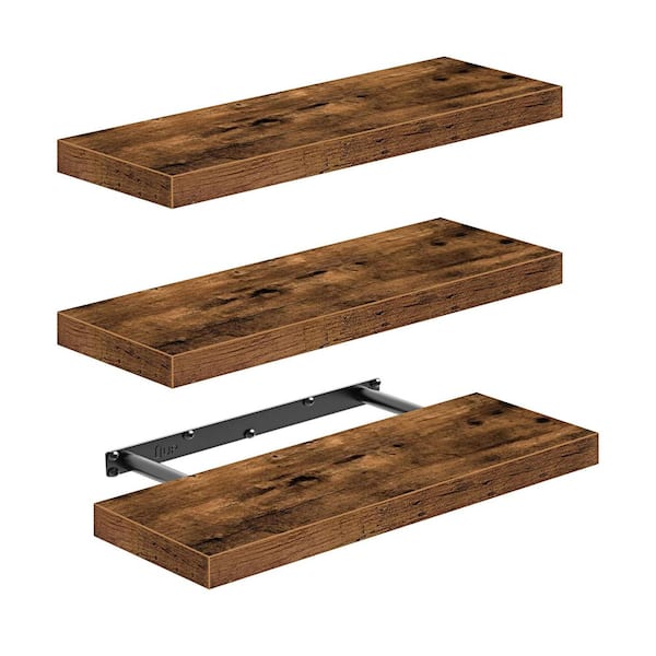 16 in. W x 6.7 in. D x 1.5 in. H Rustic Brown Floating Wall Shelf Set of 3 w/ Invisible Bracket for Bath Bedroom Kitchen
