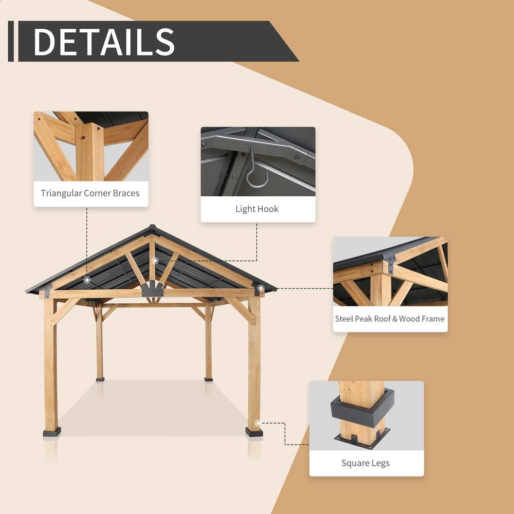 13' x 11' Black Steel and Wood Patio Gazebo