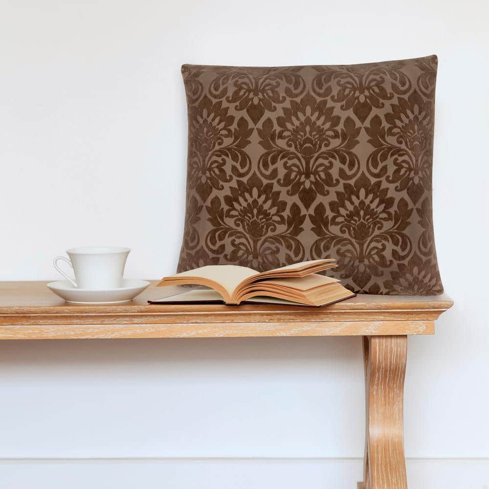 Sutton 18" Brown Polyester Floral Square Throw Pillow