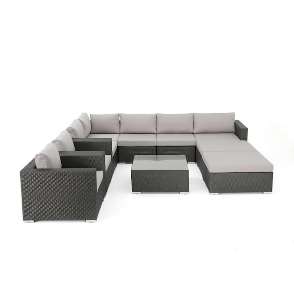 Gray 10-Piece Faux Rattan Outdoor Sectional, Ottoman and Table Set with Silver Cushions
