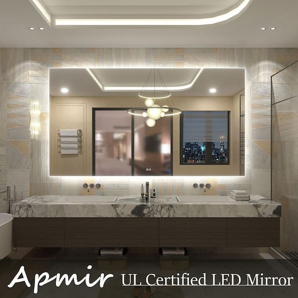 72 in. W x 40 in. H Rectangular Frameless UL Certified LED Backlited Anti-Fog Tempered Glass Wall Bathroom Vanity Mirror