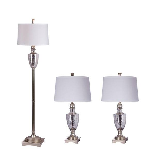 Fangio Lighting 64 in. Satin Silver Antique Glass and Metal Lamp Set