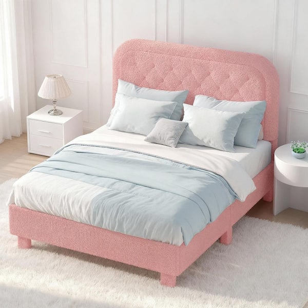 Pink Metal Frame Queen Platform Bed Boucle Upholstered Platform Soft Bed with Upholstered