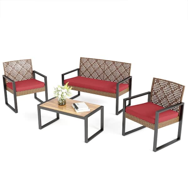PHI VILLA Brown 4-Piece Outdoor Wicker Patio Conversation Set with Red Cushions and Acacia Wood Coffee Table
