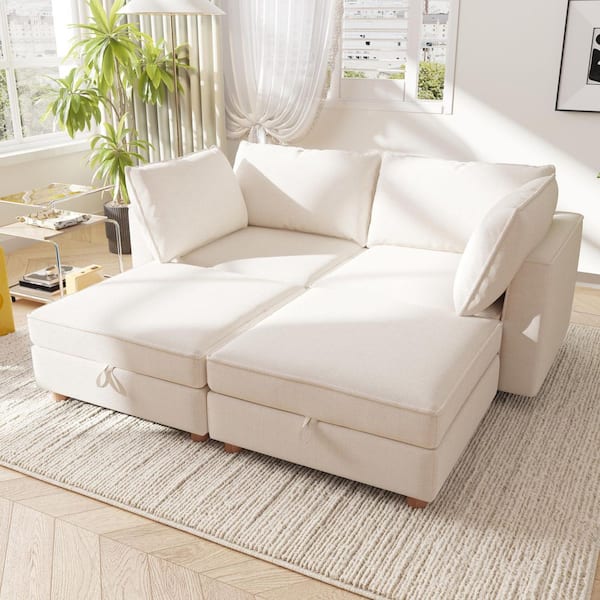 Jorvik 93.7 in. 4-Piece Fabric Upholstered Modular Convertible Sectional Sofa in. Beige with Storage, Ottoman