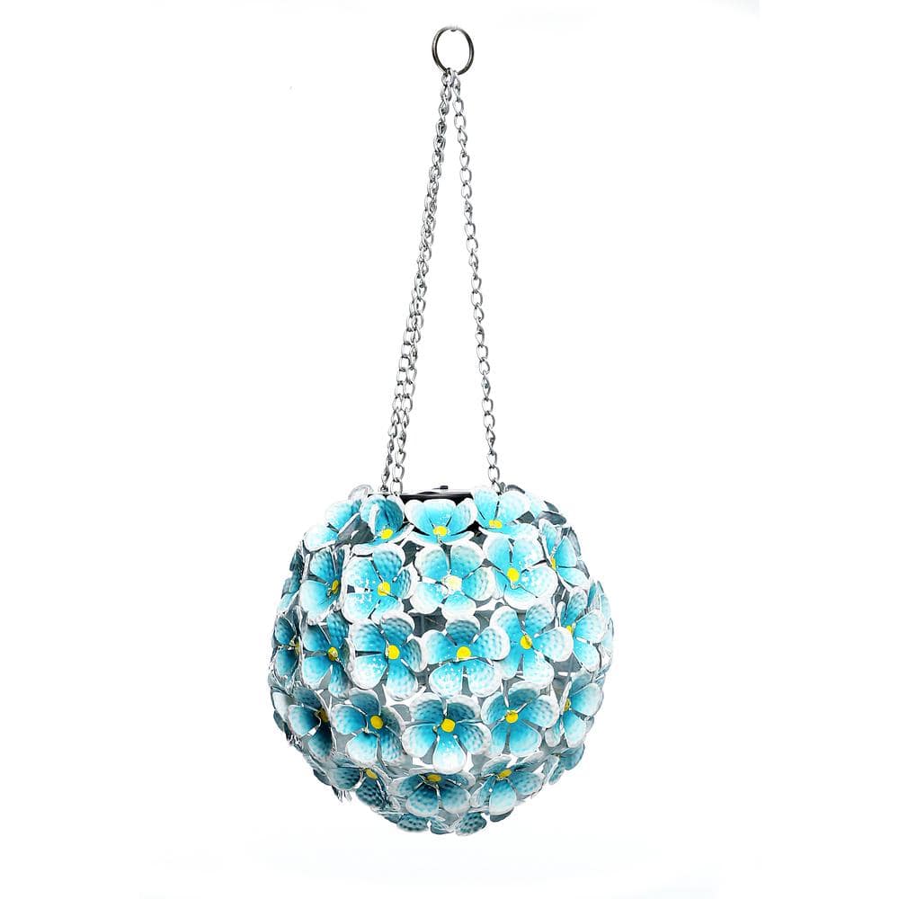 8 in. Tall Alpine Solar Metal Hanging Blue Hydrangea Ornament with White LE