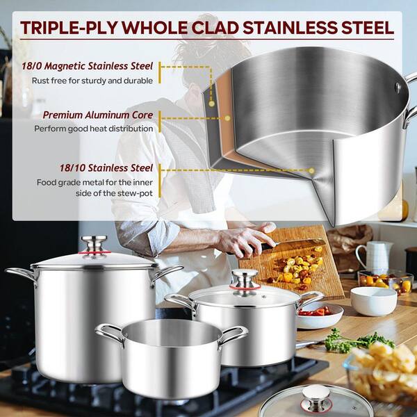 8 Quart Stock Pot with Lid, Tri-ply Stainless Steel Stockpot for