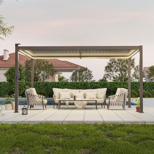 SANLUCE 12 ft. x 14 ft. Modern Metal Louvered Pergola LED Lights