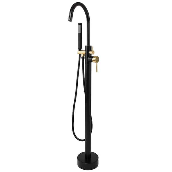 AKDY 1-Handle Freestanding Floor Mount Tub Faucet Bathtub Filler with Hand Shower in Matte Black and Gold