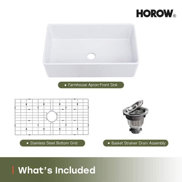 White Fireclay 33 in. L x 18 in. W Rectangular Single Bowl Farmhouse Apron Kitchen Sink with Grid and Strainer