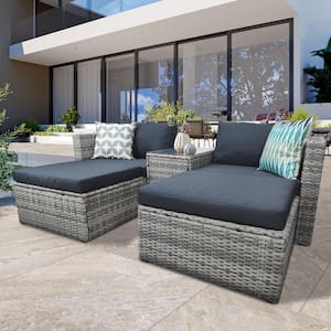 Gray 5-Piece PE Rattan Wicker Outdoor Sectional Set with Dark Gray Cushions, 2 Pillows and Furniture Protection Cover