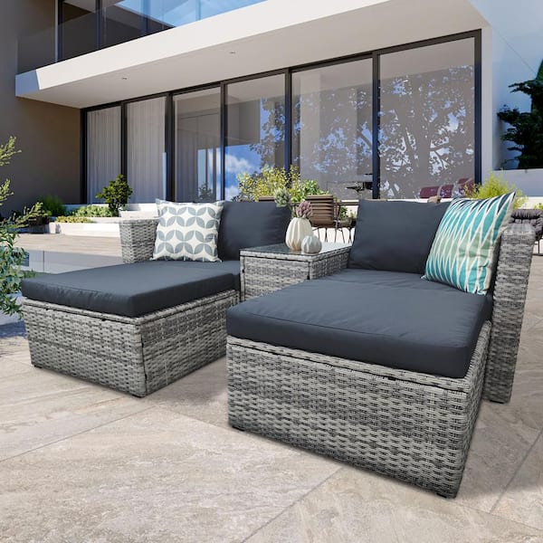 Zeus & Ruta Gray 5-Piece PE Rattan Wicker Outdoor Sectional Set with Dark Gray Cushions, 2 Pillows and Furniture Protection Cover
