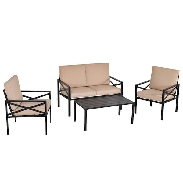 FORCLOVER 4-Piece Steel Patio Garden Conversation Set with Soft Washable Beige Cushions