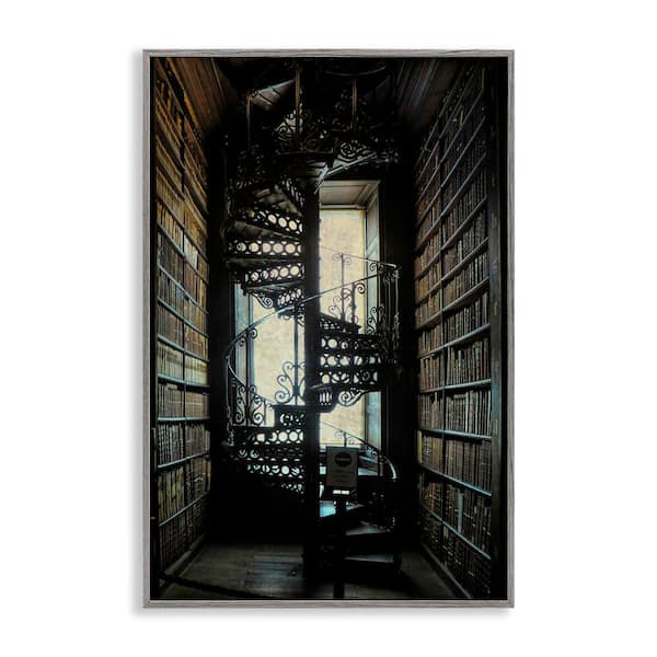 Stupell Industries Vintage Library Spiral Stairs by Graffi*tee Studios Gray Framed Architecture Giclee Art Print 18 in. x 12 in.
