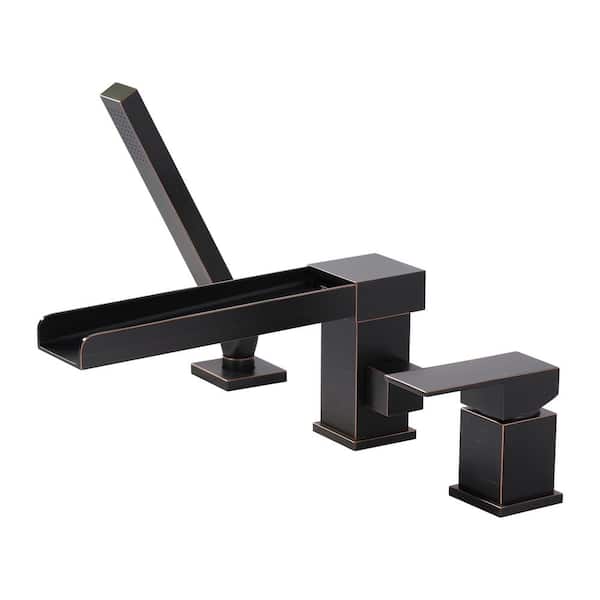 Single-Handle Deck-Mount Roman Tub Faucet with Swivel Waterfall Spout, Hand Shower with 59" Hose in Oil Rubbed Bronze