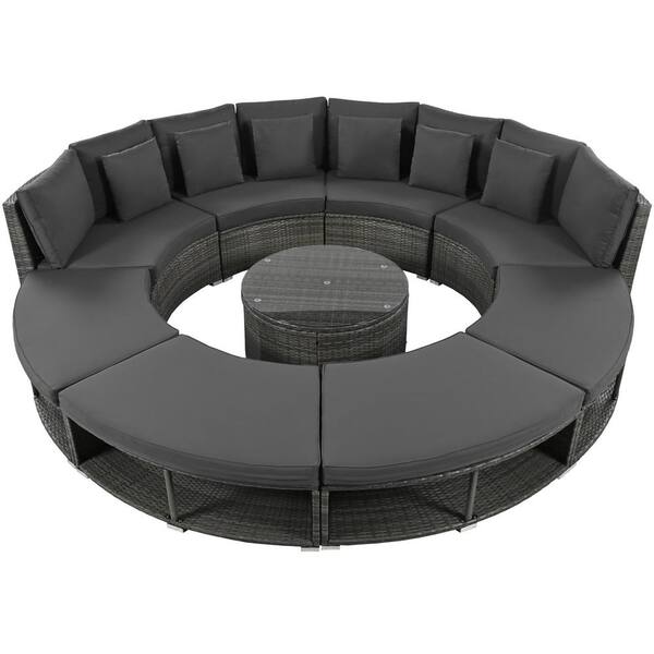 Unbranded 9-Piece Wicker Patio Conversation Set, Circular Sectional Sofa Lounge with Tempered Glass Coffee Table, 6 Pillows, Grey