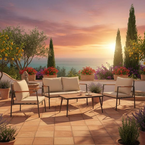 Teamson Home 4-Piece Outdoor Conversation Set with Cushioned Backrest and Wood Armrests, Beige