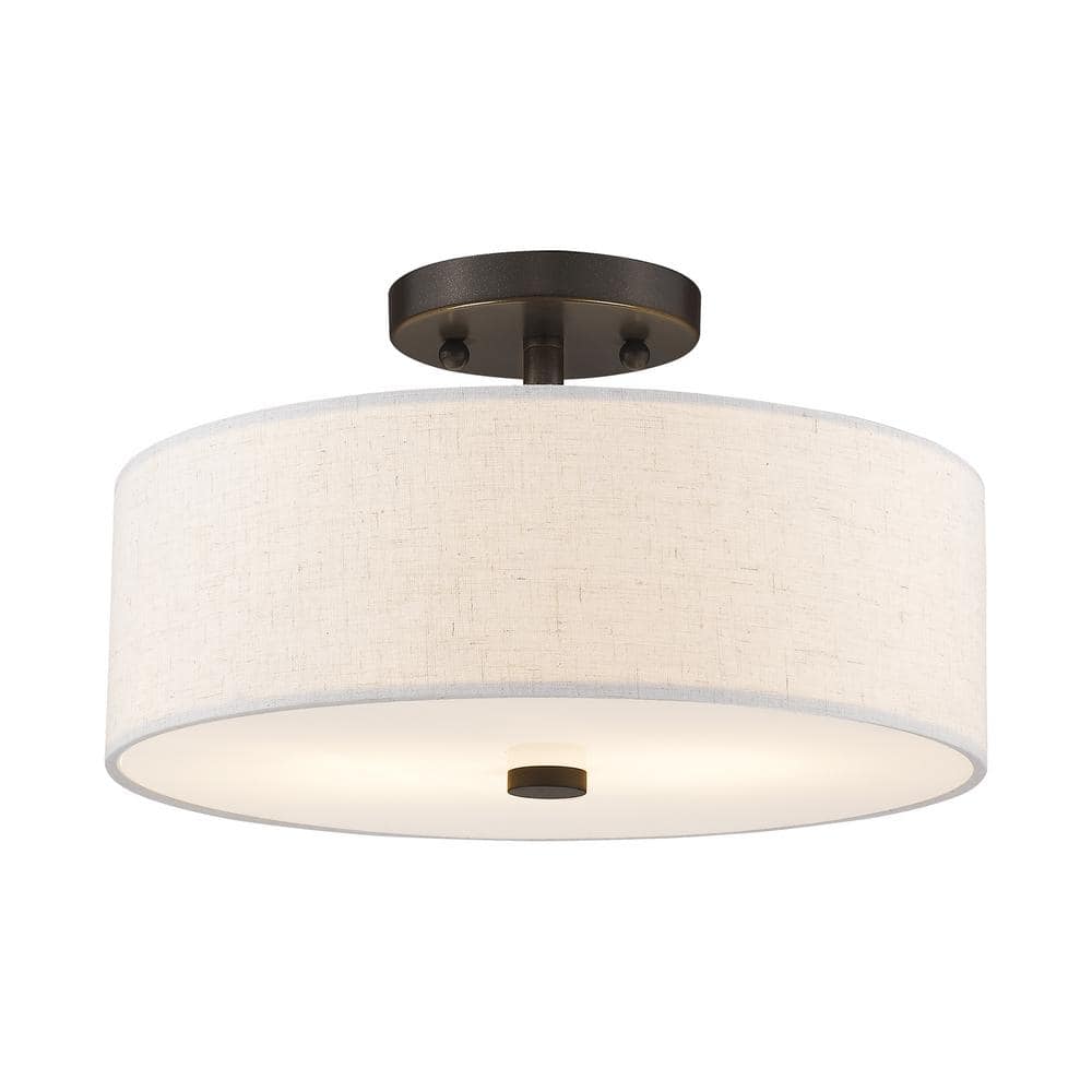 Meridian English Bronze 13" Drum Semi-Flush Mount with Oatmeal Fabric Shade