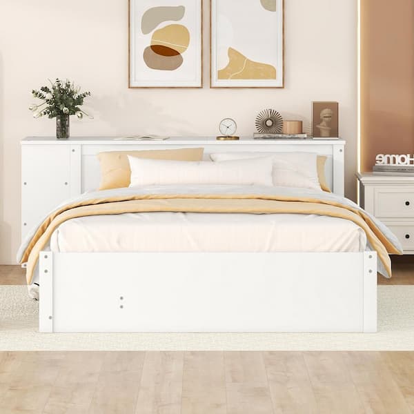 Nestfair White Wood Frame Full Size Platform Bed with Rolling Shelf