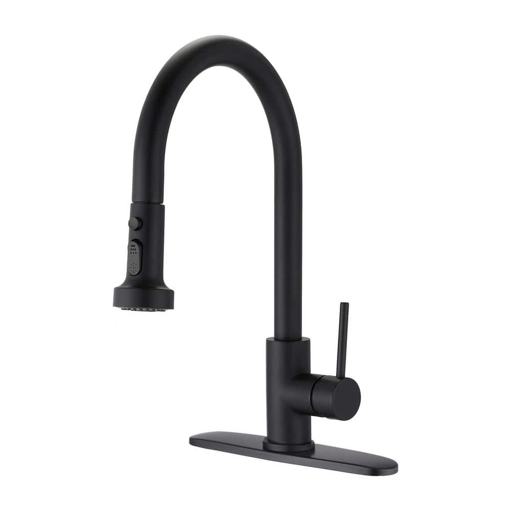 Single Handle Pull Down Sprayer Kitchen Faucet with in Matte Black Modern Stainless Steel Soap Dispenser Kitchen Faucet -  Fapully, FAB-0032B-DS