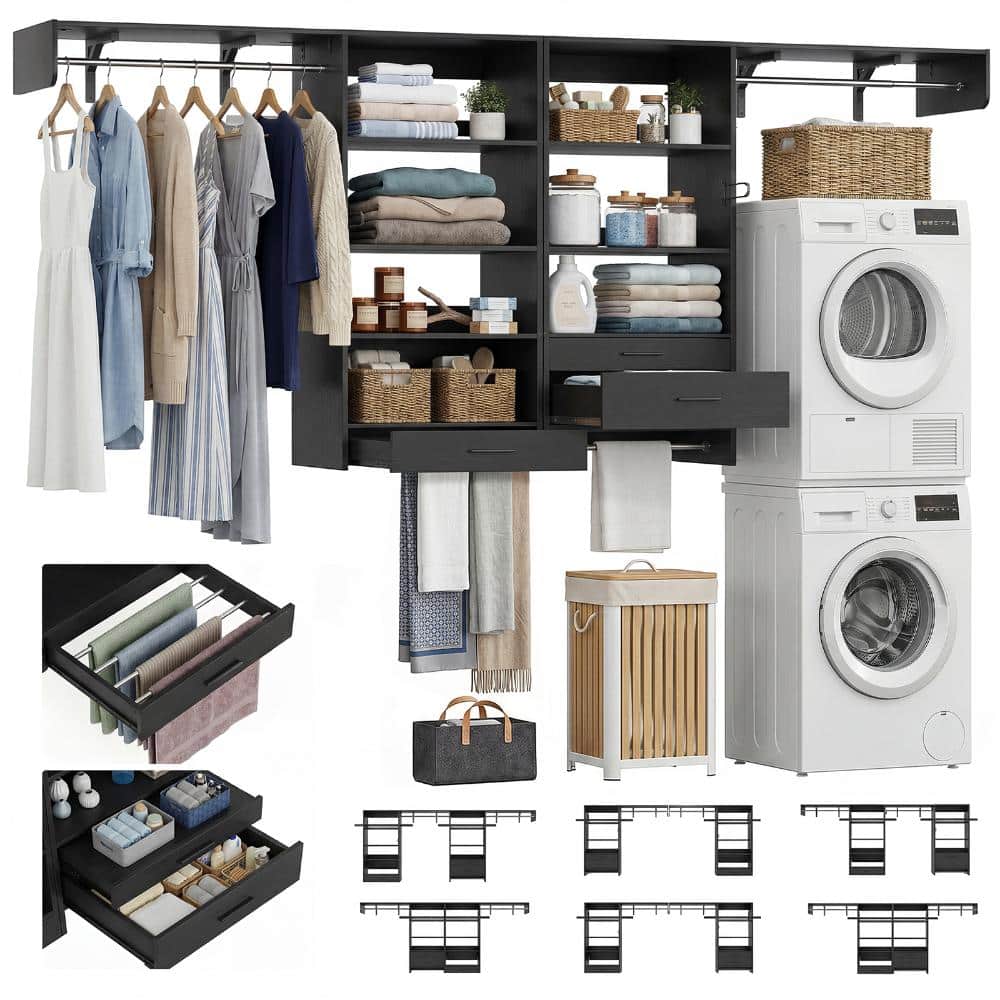 80 in. W - 120 in. W Black Tower Wall Mount 11-Shelf Wood Closet System With 1 Pull-Out Stand Shelf 1 Pull-OutTowel Rack price history on PriceWatchPro