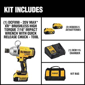 20V MAX XR Cordless Brushless 7/16 in. High Torque Impact Wrench Quick Release Chuck and (2) 20V 5.0Ah Batteries