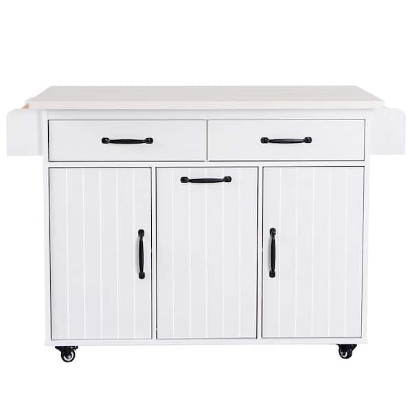 Tileon White Wooden 51 in. Kitchen Island on Wheels with Trash Can, Adjustable Shelf, Drop Leaf, Spice Rack, Towel Rack&Drawer