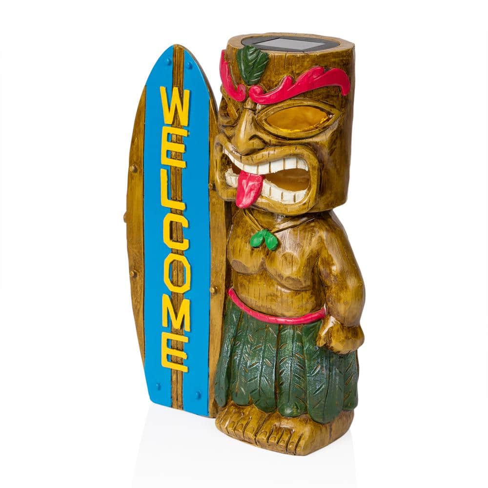 Solar Tiki Statue with Welcome Surfboard and LED Lights