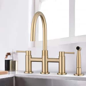 Modern Double-Handle 360-Degree Swivel Spout Bridge Kitchen Faucet with Side Sprayer in Brushed Gold