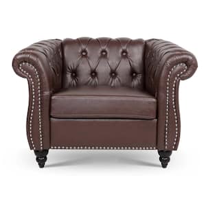 38.98 in. W Rolled Arms PU Leather Rectangle Classic Tufted Button 1 Seater Sofa in Dark Brown