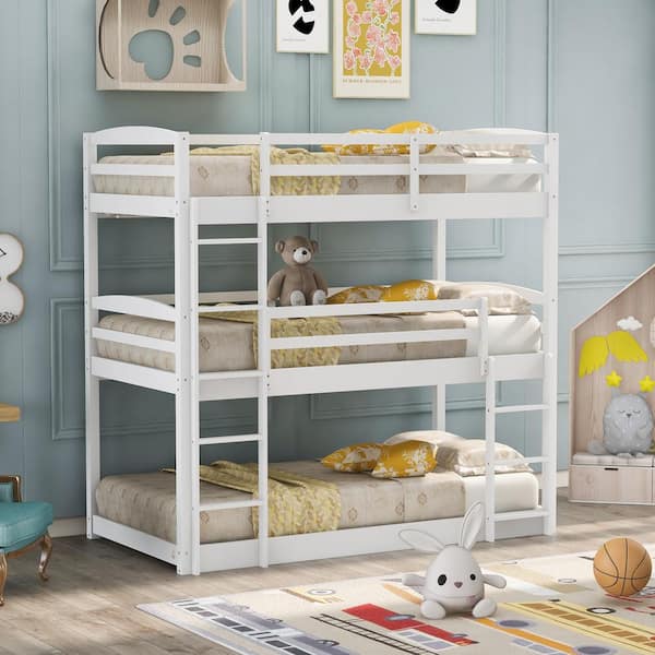White Twin Size Triple Wood Bunk Bed, Three Twin Bunk Bed