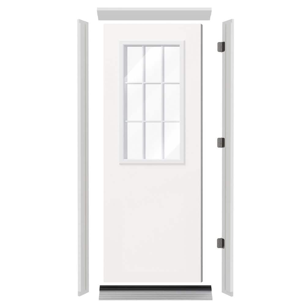 32 in. x 80 in. White 9-Lite Clear Glass Pre-hung Front Door with Door Header, Side Legs, Sill & Right-Handed Hinge Kit price history on PriceWatchPro