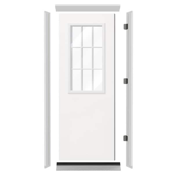 32 in. x 80 in. White 9-Lite Clear Glass Pre-hung Front Door with Door Header, Side Legs, Sill & Right-Handed Hinge Kit