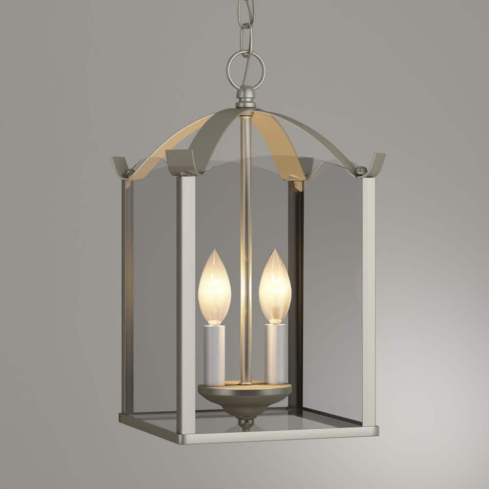 Elegant Brushed Nickel 2-Light Candelabra Chandelier with Clear Glass Panels