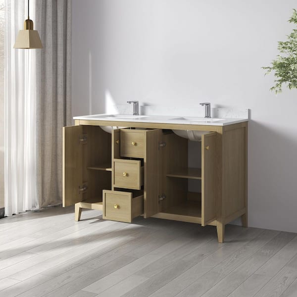 Fluctus 54 in. W x 22 in. D x 35 in. H Double Sink Freestanding Bath Vanity in Oak with Calacatta Cultured Marble Top