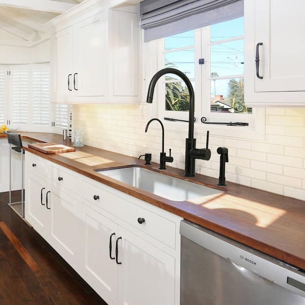 Single Handle Deck Mount Standard Kitchen Faucet with Side Spray in Matte Black