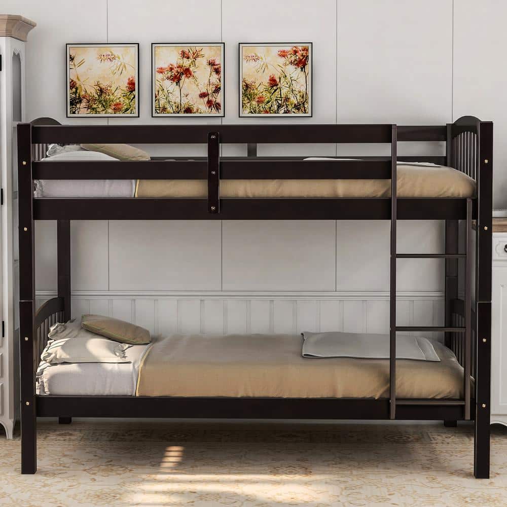 ANBAZAR Wood Bunk Bed Twin Over Twin Bunk Bed Wood 2 in 1 Bunk Bed with Ladder and Guardrails for Kids, Teens Espresso, Brown -  FF90-P