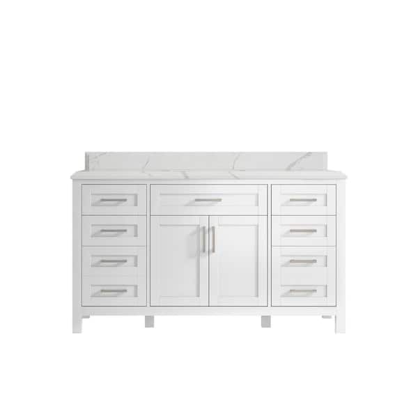 Willow Collections Cambridge 60 in. W x 22 in. D x 36 in. H Single Sink Bath Vanity in White with Cove Edge Calacatta Quartz Top
