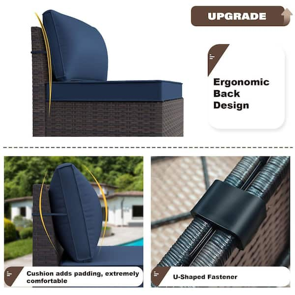 6-Piece Wicker Outdoor Sectional Set with Navy Blue Cushions