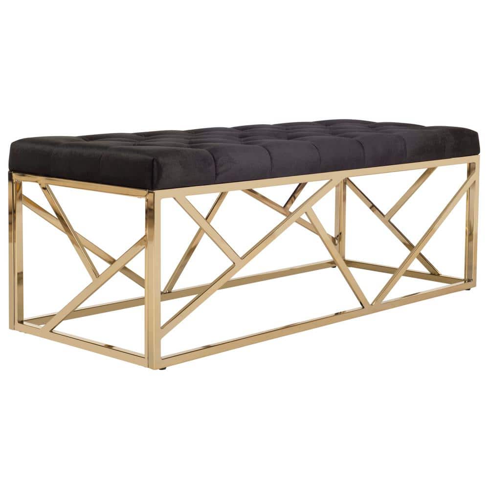 Luxurious Black Velvet and Gold Foil Tufted Rectangular Bench