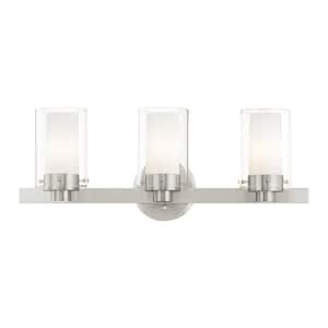 Baxter 22.5 in. 3-Light Brushed Nickel Vanity Light with Clear Outer Glass and Opal Inner Glass