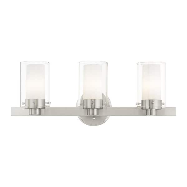 AVIANCE LIGHTING Baxter 22.5 in. 3-Light Brushed Nickel Vanity Light with Clear Outer Glass and Opal Inner Glass