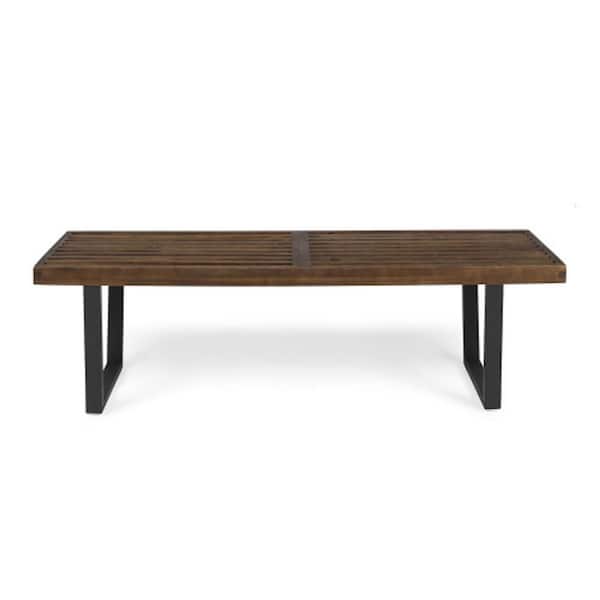 Black Metal Frame Wooden Outdoor Bench, Weather Resistant, Brown