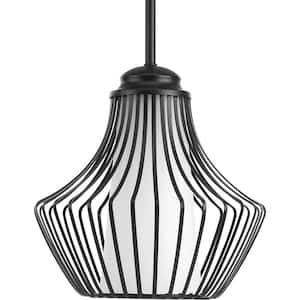 Finn Collection 1-Light Black Pendant with Etched White Glass