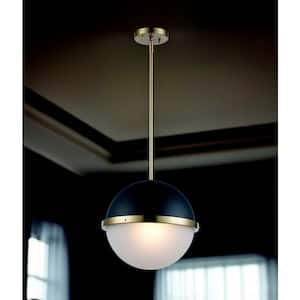 Nadine 12.75 in. 1-Light Black and Antique Gold Modern Pendant Light Fixture with Frosted Glass Globe Shade