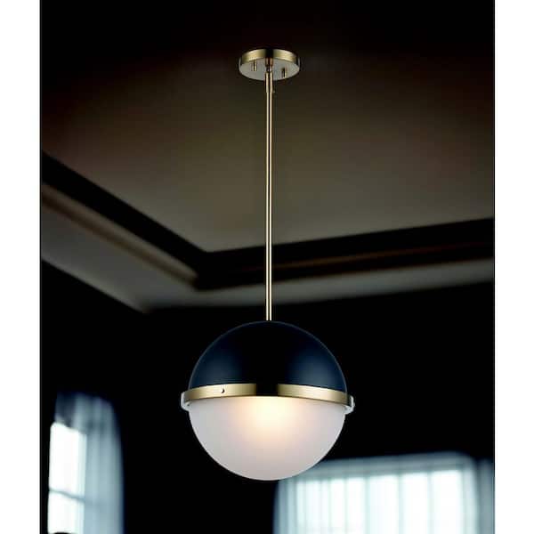Nadine 12.75 in. 1-Light Black and Antique Gold Modern Pendant Light Fixture with Frosted Glass Globe Shade
