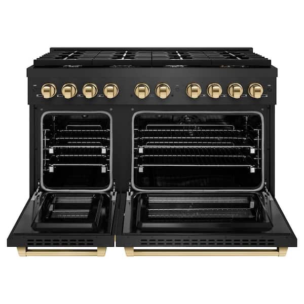 Autograph 48 in. 6.7 cu. ft. Paramount Dual Fuel Range with 8 Burner Gas Cooktop in Black Satin and Gold Accents