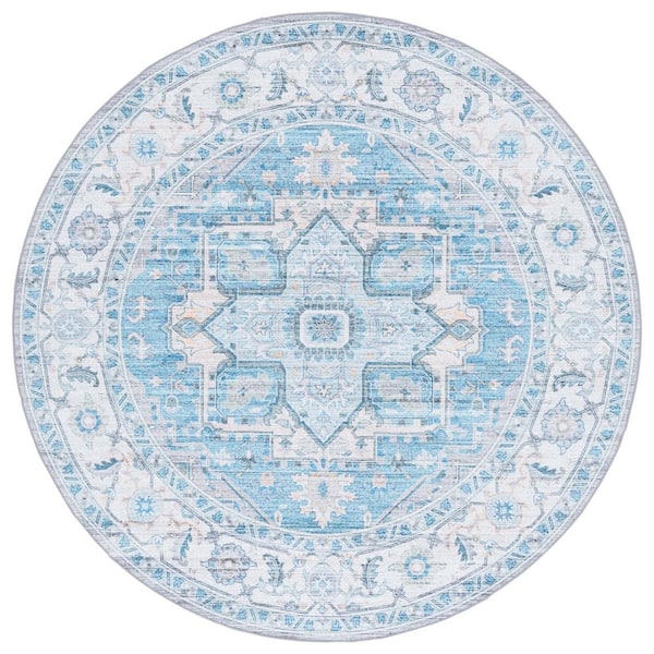 SAFAVIEH Arizona Gray/Turquoise 6 ft. x 6 ft. Distressed Border Ornate Machine Washable Round Area Rug