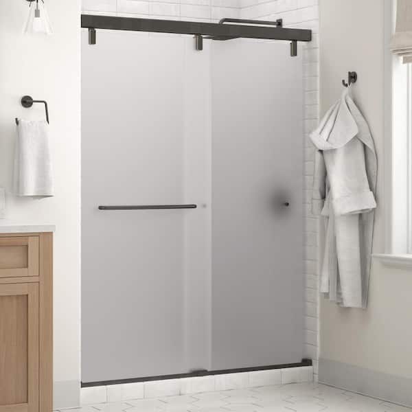Delta Simplicity Mod 50-1/8 to 58-1/2 in. W x 71-1/2 in. H Soft-Close Frameless Sliding Shower Door, Bronze, Frosted Glass